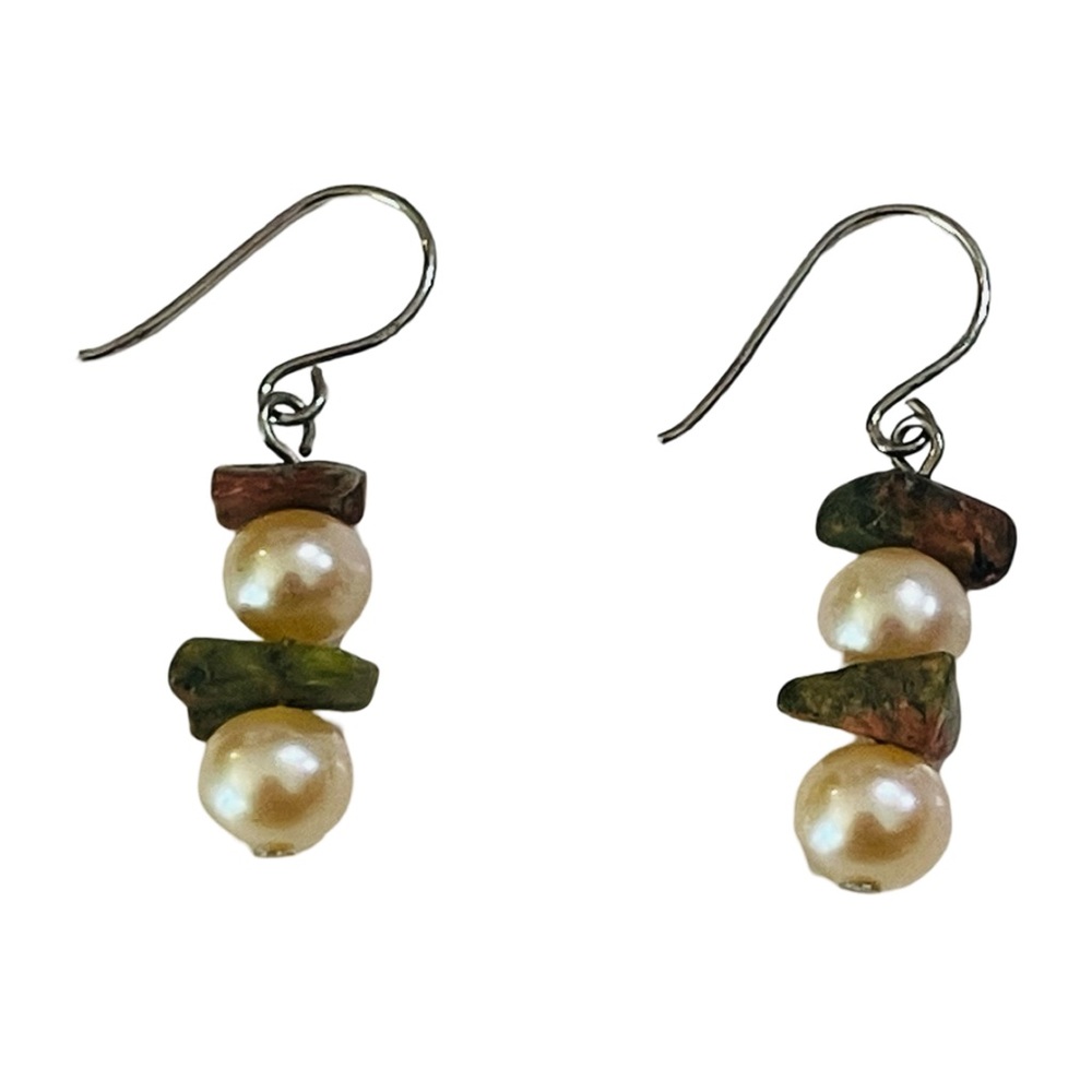 3/$15 Sterling Silver Pearl and Unakite Drop Earrings